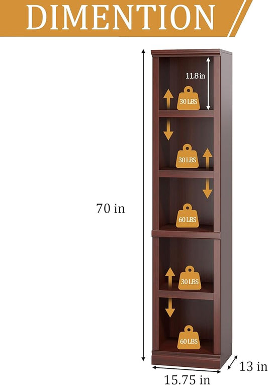 blini 5-Shelf Narrow Bookcase Wooden Tall Bookshelves Floor Standing Display Storage Shelves Mahogany Bookcase for Home Office, Living Room, Bed Room