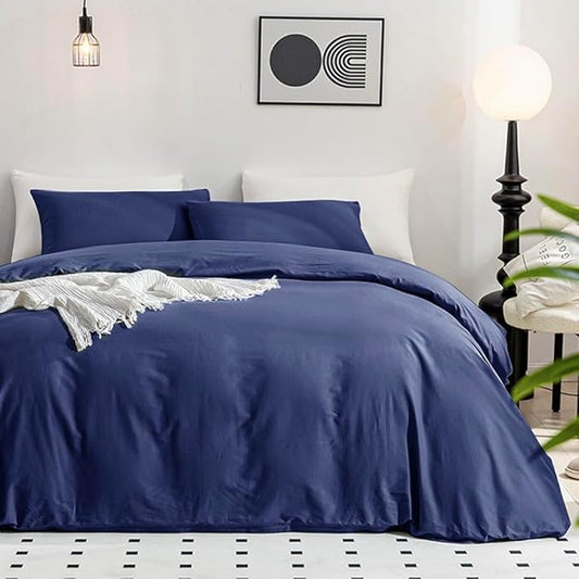 JELLYMONI Cotton Navy Blue Duvet Cover Twin Size - Washed Cotton Linen Like Textured Comforter Cover, 2 Pieces Breathable Soft Bedding Set with Zipper Closure (Navy Blue, Twin 68"x90")