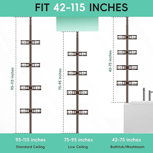 HEVEL Corner Shower Caddy Tension Pole, 4 Tier Adjustable Shower Organizer Corner 62-115 Inch, Rustproof Bathroom Shower Shelves for Bathtub Storage,Bronze