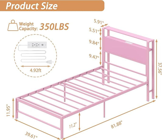Twin Bed Frames with Charging Station, 2 Tiers Storage Headboard Twin Sized Bed No Box Spring Needed Heavy Duty Metal Platform for Girls, Pink