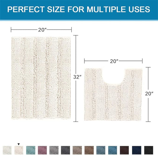 H.VERSAILTEX Bathroom Rugs Bath Rug Set 2 Piece Bathroom Contour Rug Toilet Mat Sets Non Slip Contour Bath Rug Ultra Thick Water Absorbent Striped Bath Mats Washable(20" x 32" Plus 20" x 20" U, Ivory)