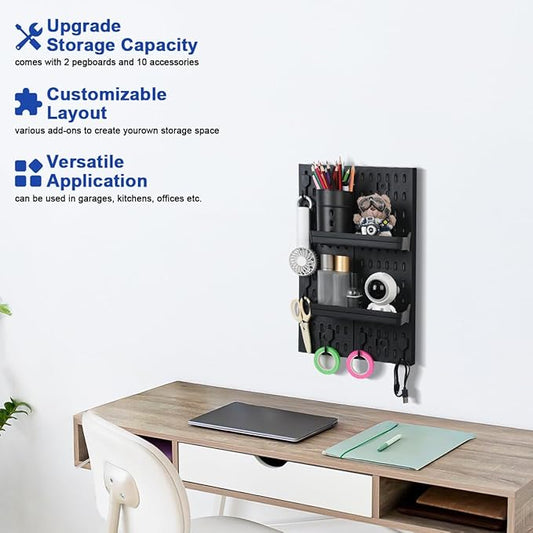 Pegboard Wall Organizer - Modular System for Gaming Setup, Office & Kitchen Storage Solutions Create A Perfectly Structured Space(Black,16″×12″)