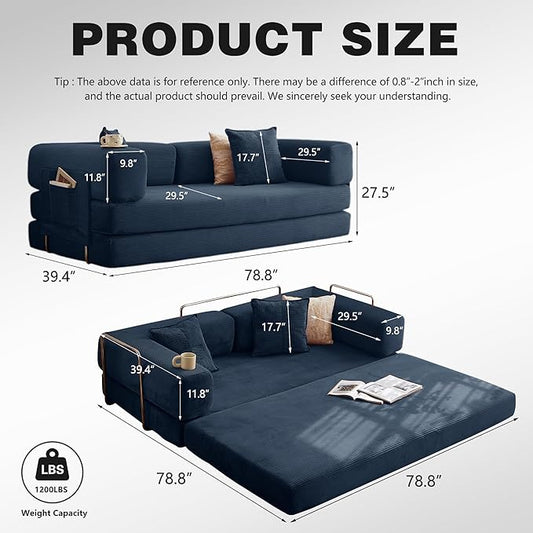 78.8" Convertible Sofa Bed -Compression Sofa with Corduroy Fabric - with Armrests and Backrest - Modular Sectional for Living Room, Bedroom, Studio - Compression Sofa in Box (Dark Blue)