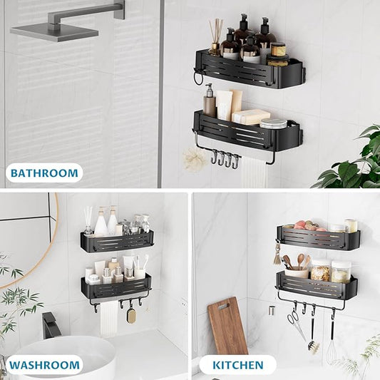 Onemake Shower Caddy Suction Cup,2-Pack Shower Shelf Organizer, Bathroom Suction Shelves with Portable Hooks, Shower Caddies Corner with Towel Bar,Matte Black