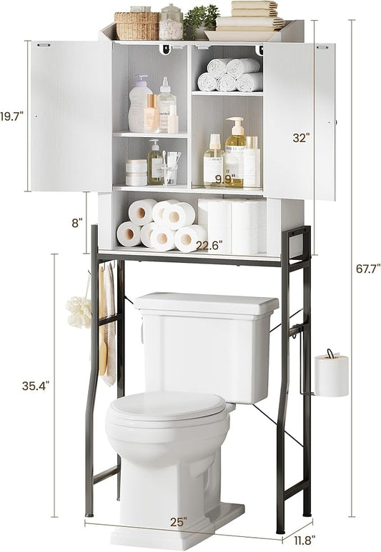 Over The Toilet Storage Cabinet, Over Toilet Organizer with 2-Door & Metal Stand, Bathroom Organizers and Storage with Adjustable Shelves for Bathroom, Restroom, Laundry, White