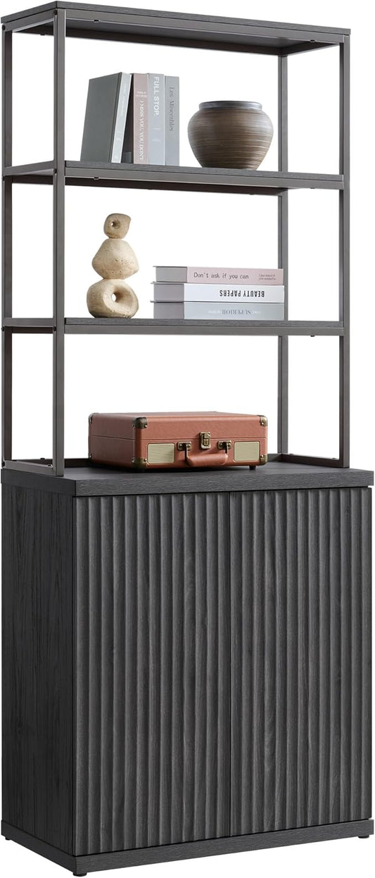 SICOTAS Fluted Book Shelf with Doors - 75" Tall Bookshelf with Storage 6 Tier Large Bookcase with Bottom Cabinet - Modern Metal Book Case for Living Room, Home Office, Kitchen and Library, 1 Piece