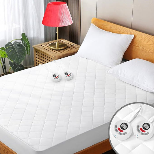 Heated Mattress Pad Queen Size Quilted Zone Heating Electric Bed Warmer Luxury Comfort Heat Mattress Pad Cover Dual Controller(10 Heat Setting | 1-12 Hours Auto Shut Off | with 8-21 Inch Deep Pocket)