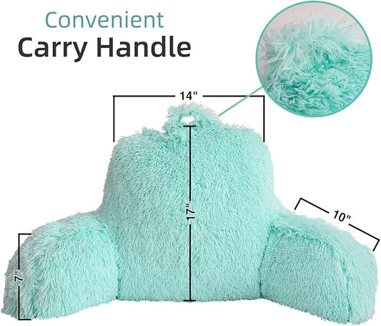A Nice Night Faux Fur Reading Pillow Bed Wedge Large Adult Children Backrest with Arms Back Support for Sitting Up in Bed/Couch for Bedrest,Aqua