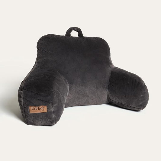 UnHide Squish Backrest Pillow - A Large Pillow with Arms for Sitting Up in Bed, Reading or Lounging - Removable, Washable Faux Fur Cover, Charcoal