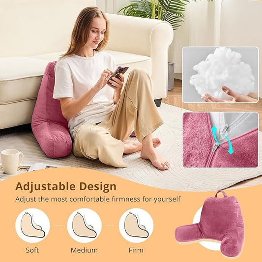 Sasttie Reading Pillow, Velvet Back Pillow for Bed Sitting Up, Adult Back-Rest Support Cushion with Arms for Sit Up on Couch, Sofa, and Floor, Dorm Essentials, Reading Accessories, Rose Pink