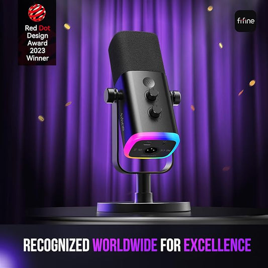 FIFINE USB/XLR Dynamic Microphone for Podcast Recording, PC Computer Gaming Streaming Mic with RGB Light, Mute Button, Headphones Jack, Desktop Stand, Vocal Mic for Singing YouTube-AmpliGame AM8