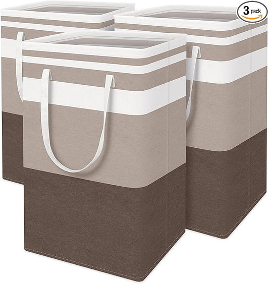 BlissTotes 3-Pack Laundry Basket, Freestanding&Waterproof Laundry Hamper, Collapsible Tall Clothes Hamper with Easy Carry Handles for Clothes, Towels in the Family and Dorm,Gradient Khaki,88L
