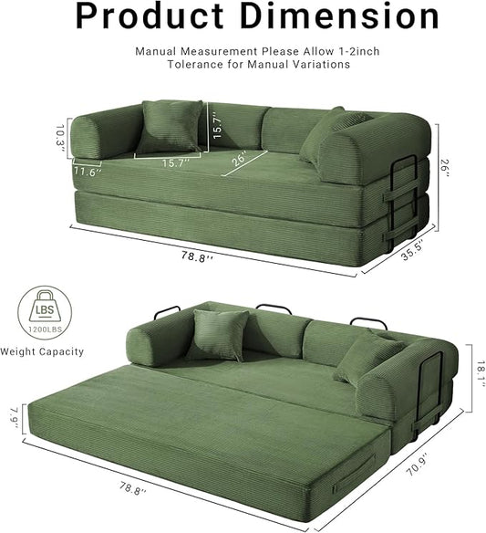 Compressed Sofa, Convertible Sofa Bed, Corduroy Compression Boneless Couch with Pillow, Comfy Modular Foldable Floor Sleeper Sofa for Bedroom, Living Room, Lounge, Studio (Olive Green)