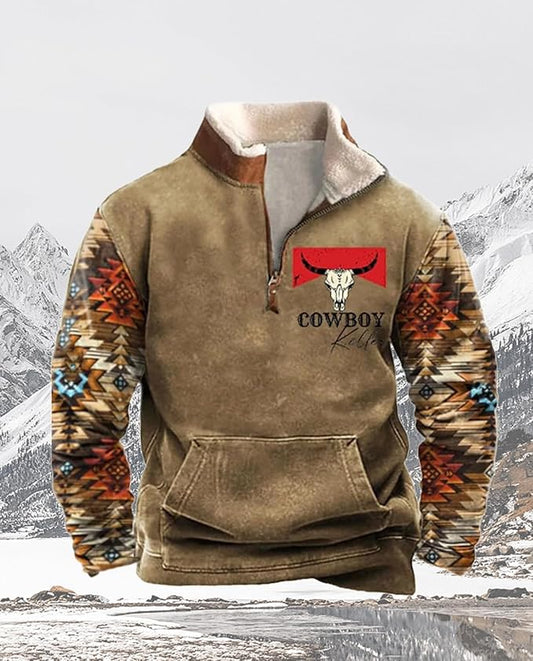 Western Sweatshirts for Men Aztec Cowboy Vintage Graphic Fleece Hoodie Mens Quarter Zip Pullover Country Jacket