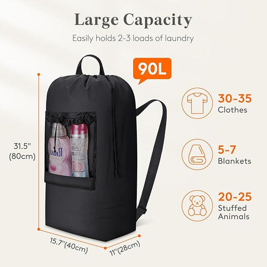 Lifewit 90L Laundry Bag, Extra Large Laundry Backpack with Shoulder Straps and Mesh Pocket for Laundromat, Heavy Duty Laundry Bag Backpack for Dirty Clothes for College Dorm/Travel/Apartment, Black