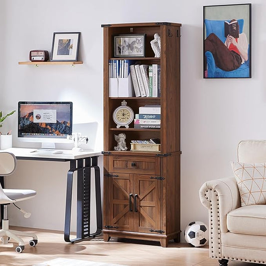 72in Tall Bookshelf 7 Tier Bookcase with Drawer and Barn Doors and Adjustable Shelves, Brown Farmhouse Book Shelf with Storage Cabinet, Wood Freestanding Display Bookshelves for Kitchen (4PCS)