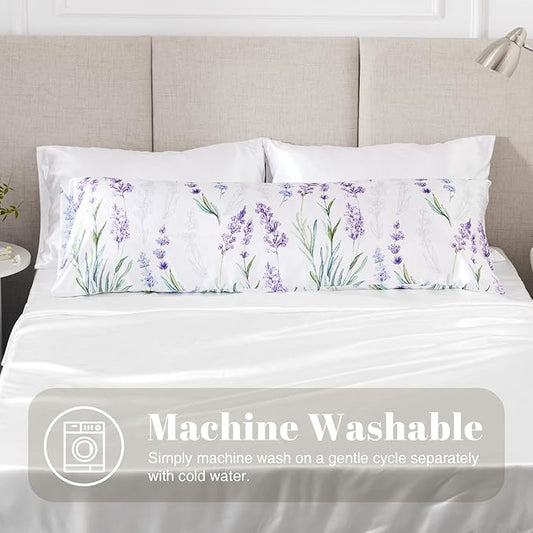 EXQ Home Satin Pillowcase for Hair and Skin Body- Flower Printed Lavender Silk Pillowcase 20x54 inches - Body Pillow Cases with Envelope Closure, Gifts for Women
