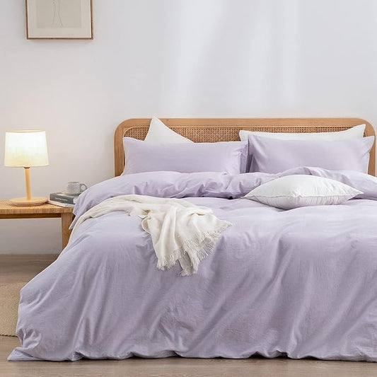 BESTOUCH Duvet Cover Set 100% Washed Cotton Linen Feel Super Soft Comfortable Chic Lightweight 3 PCs Home Bedding Set Solid Taro Purple Oversized Queen
