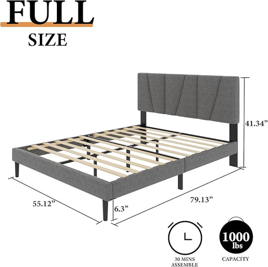 Full Size Platform Bed Frame with Geometric Upholstered Headboard, Noise Free, Wooden Slats Support, No Box Spring Needed, Easy Assembly, Dark Grey, Linen