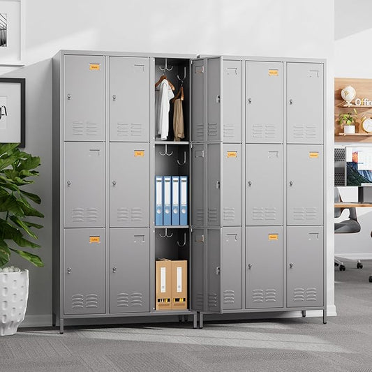 Aobabo New 9 Doors Metal Storage Locker for Employees, Lockable Steel Locker with Name Card Slot and 27 Hooks for School Office Gym Garage, Dark Grey, Assembly Required