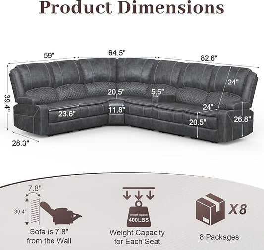 Manual Reclining Sectional Sofa Set, 6 Seats Soft Dutch Velvet Recliner Corner Sectional Couch, Family-Sized L-Shaped Recliner Couch with USB Charging, Thickened Padding, Sturdy Frame, Grey