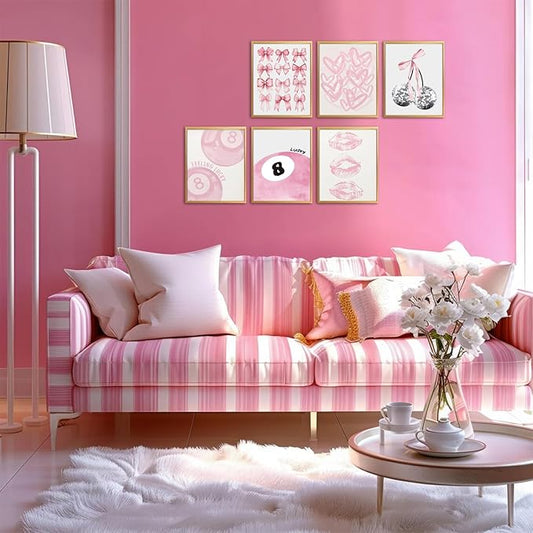 Cute Pink Girl Poster Set of 6, Light Pink Coquette Wall Art Trendy Lucky 8 Ball Wall Decor Paintings Pastel College Apartment Bedroom Living Room Dorm 12x16 inch Unframed