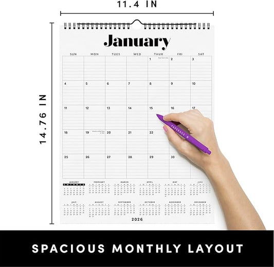 PAPERAGE 2026 Calendar, 12 Months (January 2026 - December 2026), Large (11.4 in x 14.76 in), Spiral Bound, 2026 Vertical Wall Calendar with Monthly & Yearly Views, Premium Paper - Black