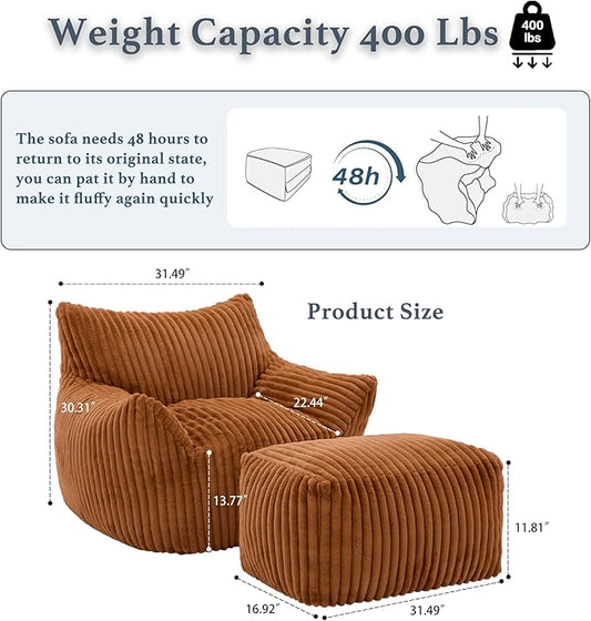 Oversized Bean Bag Chaise Lounge Chair Indoor for Adults with Armrests & Ottoman - Giant Comfy Orange Beanbag Floor Sofa Cloud Accent Chair for Reading, Gaming, Cozy Plush Cloud Mini Couch