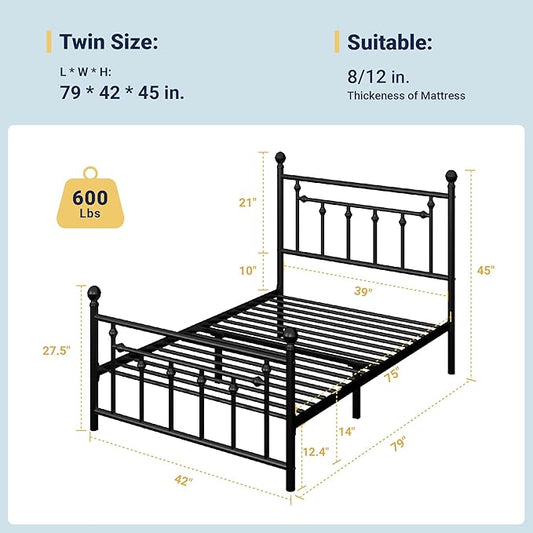 Allewie 14 Inch Twin Size Metal Platform Bed Frame with Victorian Vintage Headboard and Footboard/Mattress Foundation/Under Bed Storage/No Box Spring Needed/Easy Assembly/Noise Free/Black
