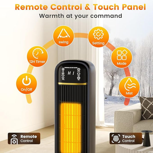 Auertech Space Heater with Humidifier, 2 in 1 Portable Electric Heater with 1.75L Water Tank, Oscillating Room Heaters with 12H Timer, 35.5" Tower Heaters for Indoor Use Large Room, Office, Bedroom