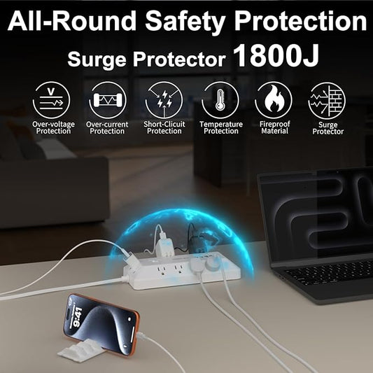 Surge Protector Power Strip with USB Ports, 12 Outlets 2 USB-C 2 USB-A, 6 Ft Flat Plug Extension Cord, Multi Plug Outlet with Phone Holder for Desk, Office, Home, Dorm, UL Certification (White)