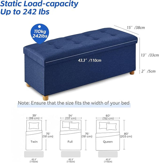 BRIAN & DANY 43 Inches Folding Storage Ottoman Bench, Ottoman with Storage Bench for Bedroom, Living Room, Entryway, Foot Rest with Legs, Blue