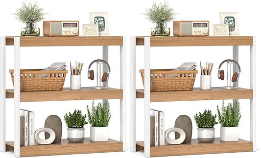 Giantex 3 Tier Bookshelf of 2, Freestanding Wooden Bookcase with Dual Anti-Tipping Kits, Open Display Rack Shelving Unit, Storage Organizer for Living Room, Bedroom & Study,Natural & White
