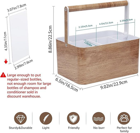 Shower Caddy Portable for College: Devided Bathroom Caddy Shower Basket for Dorm with Handle, Plastic Bathroom Counter Organizer Storage Tote Bin for Dorm,Kitchen,Cabinet, Wood Grain