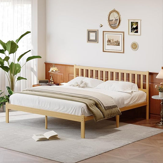 14 in High Solid Bamboo Wood King Size Bed Frame with Headboard, Platform Bed Frame King, Heavy Duty, No Box Spring Needed, Nosie Free