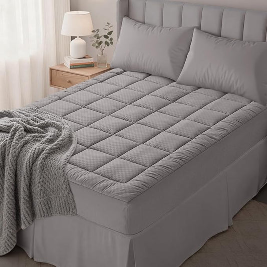 OLANLY King Quilted Fitted Mattress Pad – Soft Down Alternative Pillow Top Mattress Topper, Cooling Comfort Breathable Mattress Cover, Machine Washable Deep Pocket Mattress Protector, Light Grey