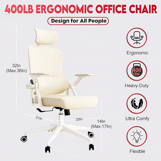 Ergonomic Office Chair - 400LB Comfy Desk Chairs with Adjustable Headrest and Lumbar Back Support, Mesh Computer Chairs with Wheels and Arms for Home Office, Study
