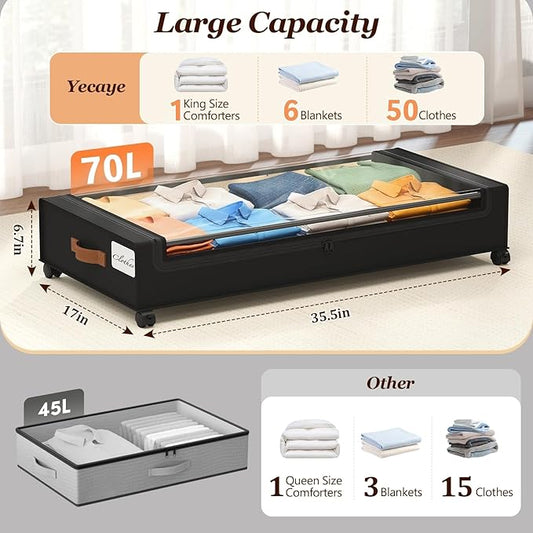 Yecaye Under Bed Storage with Wheels 2Pack, 70L Larger Capacity Under Bed Storage Containers, Underbed Shoe Storage Organizer, Rolling Under Bed Metal Drawers for Clothes, Blankets(35.5 x 17 x 6.7in)