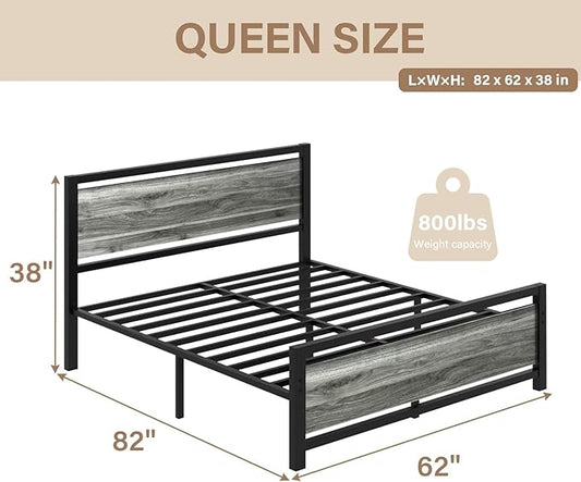 Queen Bed Frame with Headboard, Industrial Style Bed Frame Queen Size, Queen Size Bed Frame with Wooden Footboard, No Box Spring Needed, Noise-Free, Easy Assembly, Wash Grey