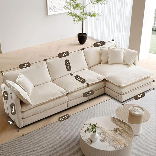 SoarFlash Chenille Sectional Sofa, Comfy L Shaped Modular Coush Sofa with Ottoman, Modern 3 Seat Couch Deep Seat Sofa Set for Living Room,Light Coffee