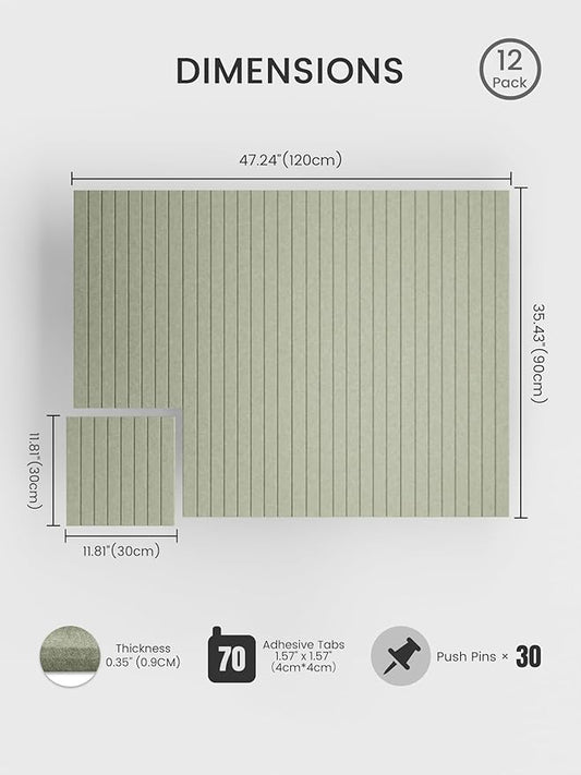 Bumusty Large Cork Board Alternative-47 x35 Felt Bulletin Board Tiles, with 30 Pushpins, 70 Adhesive Tabs, 12-Pack Slat Wall Paneling, Cork Boards for Office Push Pin Board Felt Board-Sage