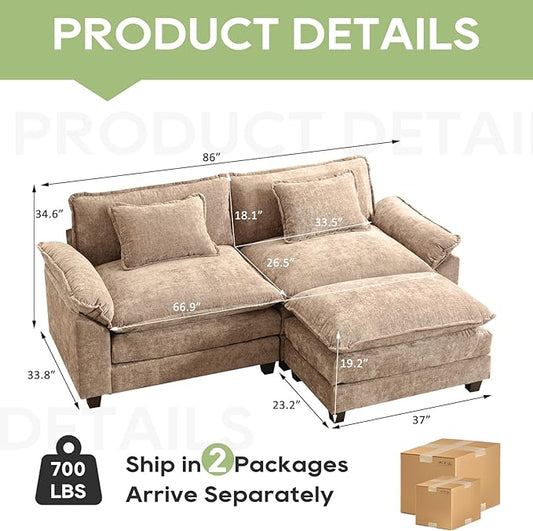 86" Modular Sectional Sofa, Comfy Cloud Couch Sectional Sofa with Ottoman, Chenille Sofa Sleeper Deep Seat Sofa with Throw Pillows for Living Room (Khaki, 86"- L Shape)
