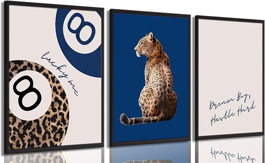 Navy Blue 3 Pcs Leopard Print Wall Art Cheetah animal prints 8 Ball Lucky Me pictures Trendy Wall decor Y2k aesthetics painting artwork for Apartment Dormitory College style Decoration16x24in Poster