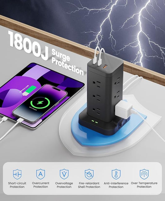 15-in-1 Power Strip Tower with Surge Protector 1800J, Fast Charging Tower PD20W USB-C Ports with 12 AC Outlets, 9.8ft Extension Cord for Home Office Dorm Room, Black