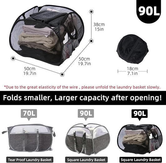 Collapsible Laundry Basket, 90L Foldable Pop-up Laundry Hamper with Handles, Mesh Dirty Clothes Hamper for Laundry, Bathroom, Kids Room, Dorm,Travel or Camping (Black)