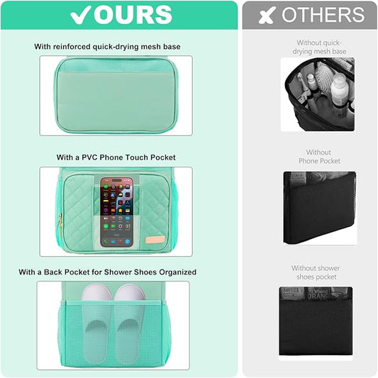 Portable Shower Caddy (Full Size Bottle Compatible),Travel Shower Tote Bag with Quick Dry Mesh Base,Hanging Toiletry Cosmetic Bag for Gym,College,Camping & Dorm, Mint Green