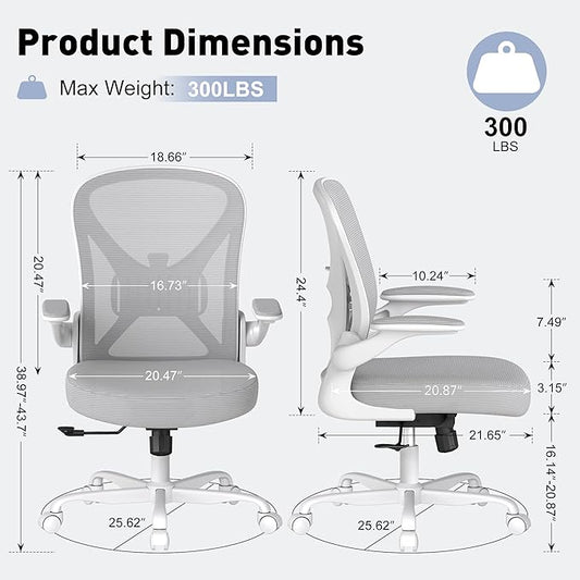ZZH Ergonomic Office Chair with Adjustable Lumbar Support, Mesh Home Office Desk Chair with Wheels and Flip-up Arms, Grey