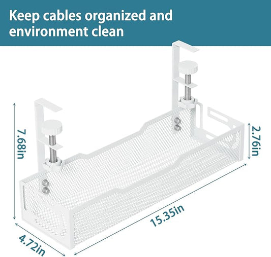 Under Desk Cable Management Tray, No Drill Mesh Desk Cable Tray, Wire Management Tray Cable Management Rack, Wire Organizer and Cable Management Box (White)