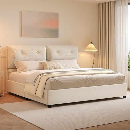 King Bed Frame and Headboard, Upholstered Boucle Bed King with Soft Headboard, Wooden Slats Support, No Box Spring Needed, Easy Assembly, Cloud Bed Frame, Beige
