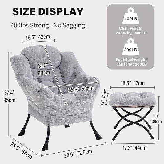 Tiita Lazy Chair with Ottoman, Modern Large Accent Lounge Armchair, Comfy Leisure Sofa Reading Chair with Footrest for Bedroom, Living Room, Dorm Rooms, Garden and Courtyard, Plush Light Grey